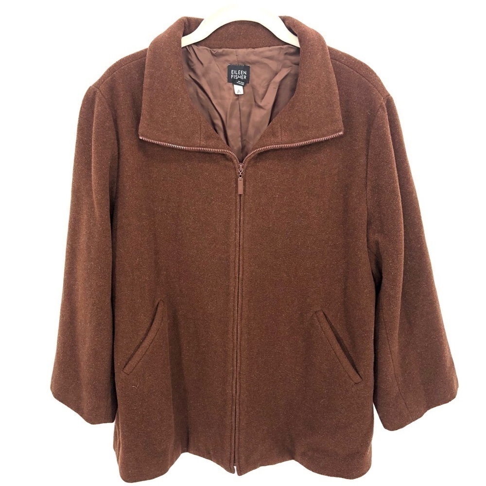 Eileen Fisher Wool Coat Womens Medium Full Zip Jacket Brown Old Money Pockets